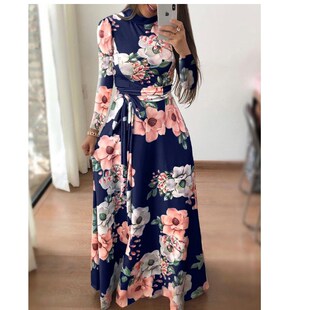 欧洲站2018秋冬新款休闲印花 时尚绑带长袖连衣裙 A long dress