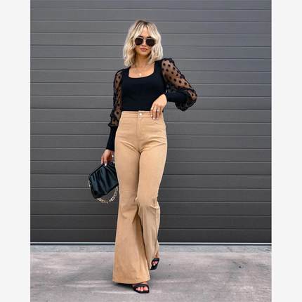 Slightly pulled casual pants秋冬女修身微喇灯芯绒松紧腰休闲裤