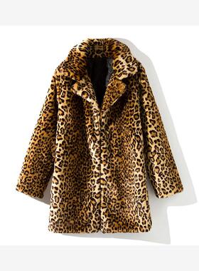 Leopard print coat欧美冬季女性感百搭中长款仿皮草豹纹外套大衣
