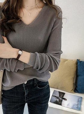 The new 2018 sets pure color v-neck knitting render unlined