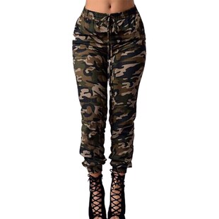 2018秋季新品女装欧洲站迷彩长裤休闲紧扣铅笔裤子women trousers