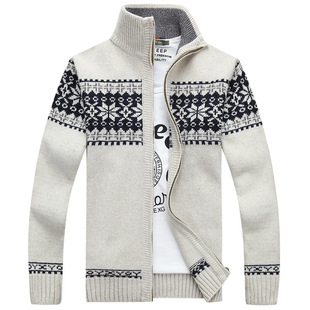 男式开衫毛衣潮男高领提花针织衫男装外套 Mens Cardigan Sweater