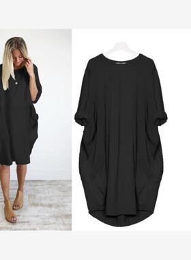 亚马逊wish速卖通新款女装 2020爆款休闲宽松口袋长袖连衣裙