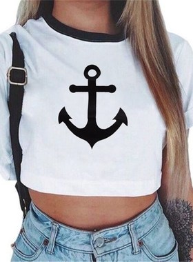 Women's Summer Anchor Printed Crop Top Short Sleeve T-shirts
