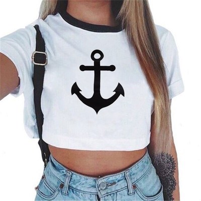 Women's Summer Anchor Printed Crop Top Short Sleeve T-shirts