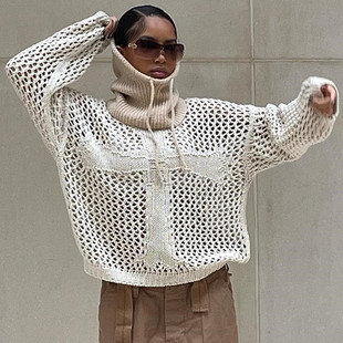 knitted sweater2022秋季新款女装圆领镂空透视空调衫沙滩针织衫
