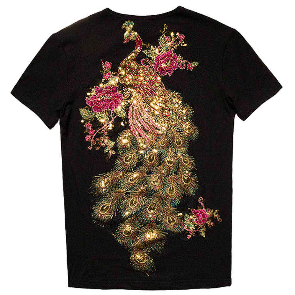 孔雀金色亮片短袖男士夏季中国风男装凤凰刺绣t恤大码半袖潮胖人