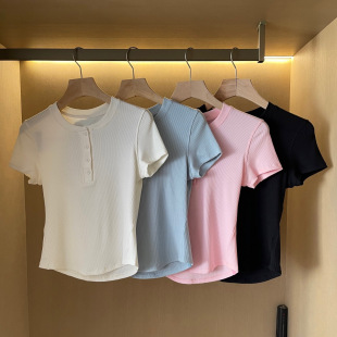 春季 短袖 新款 短款 女士日常休闲百搭纯色圆领半系扣修身 032407