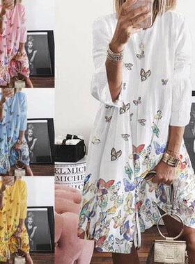 2020冬欧美跨境亚马逊 wish速迈通爆款复古印花O领印花连衣裙女装