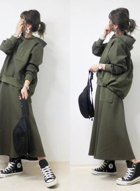 跨境日系秋冬新款套头长袖拼接卫衣上衣+松紧腰A字半身裙两件套