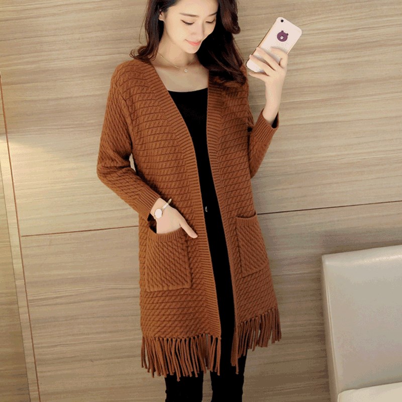 ladies knit cardigan women long v-neck sweater tassels coat