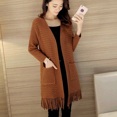 ladies knit cardigan women long v-neck sweater tassels coat