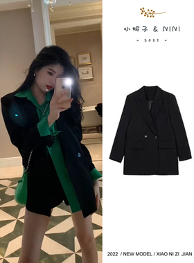 复古洋气绿色衬衫女韩版百搭宽松气质黑两粒扣西装外套2024秋季新