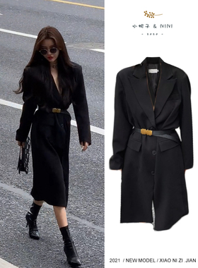 黑色休闲西装外套女2024秋季新款韩版中长款英伦风高级感小众西服