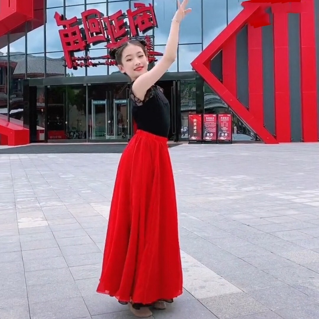 抖音小豆苗同款舞蹈大摆裙女童灯火里的中国古典现代舞万疆演出服
