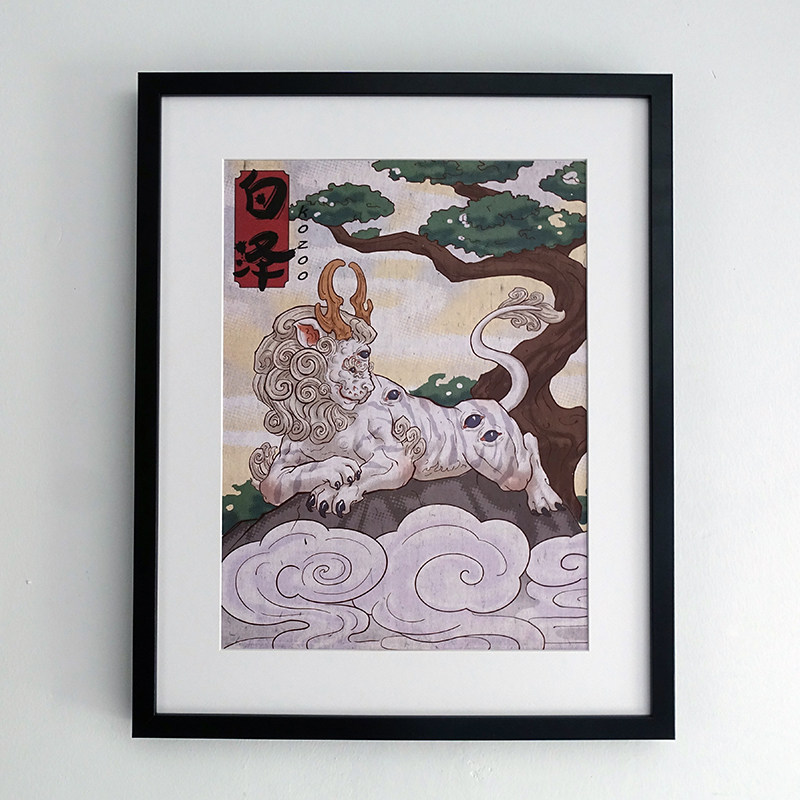 kozoo原创设计限量复制潮流插画装饰画版画艺术微喷白泽牛头梗