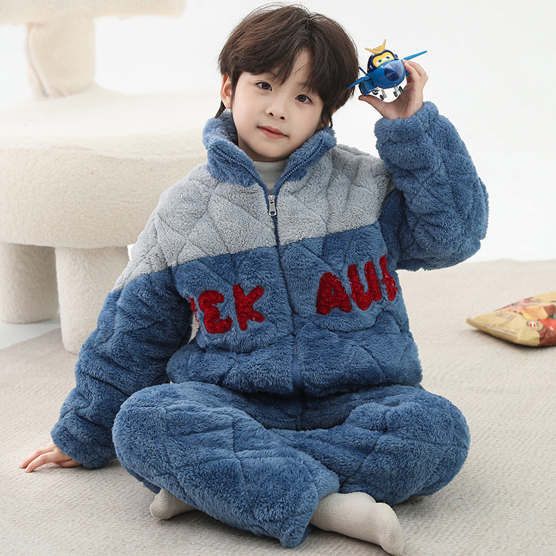 冬季睡衣男童法兰绒三层加厚