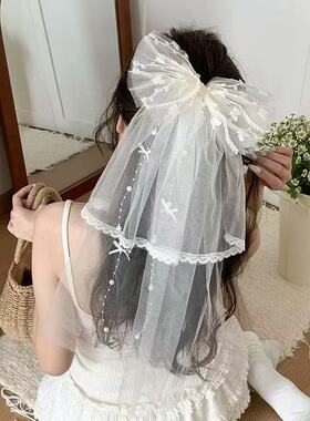 甜美米白色蕾丝蝴蝶结头纱儿童新娘拍照写真网纱发卡公主网红头饰