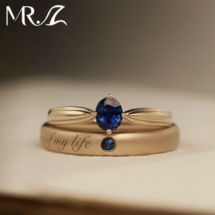 Z先生原创925银培育蓝宝石情侣对戒时尚简约复古风伴侣戒指