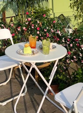 圆桌子简约折叠桌白色休闲洽谈桌咖啡奶茶店北欧餐桌阳台小圆桌椅