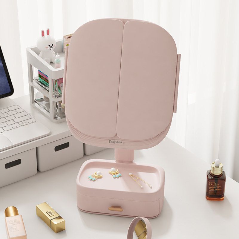 桌面化妆镜卧室发光化妆台led带灯补光宿舍折叠台式收纳盒大镜子