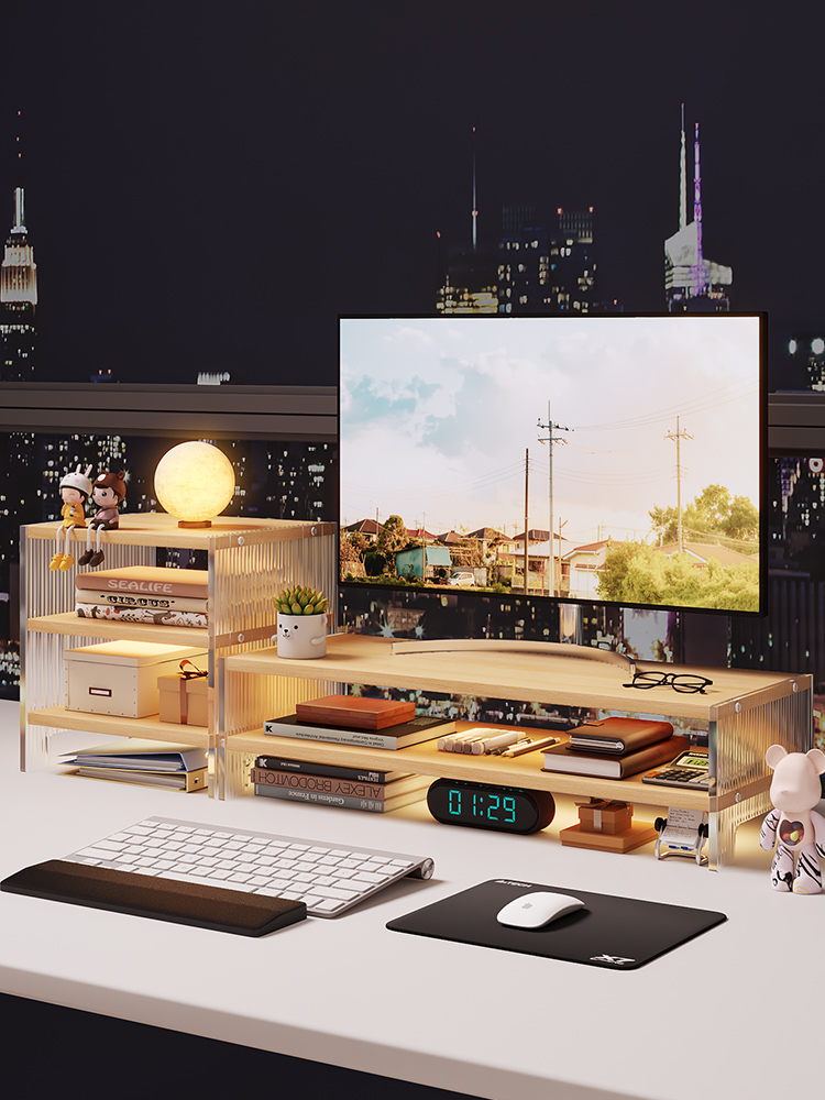 台式电脑显示器增高架亚克力桌面上置物架办公室女生工位收纳神器