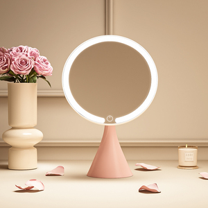 led奶油风圆形宿舍卧室化妆镜子带灯家用台式轻奢美妆智能可旋转