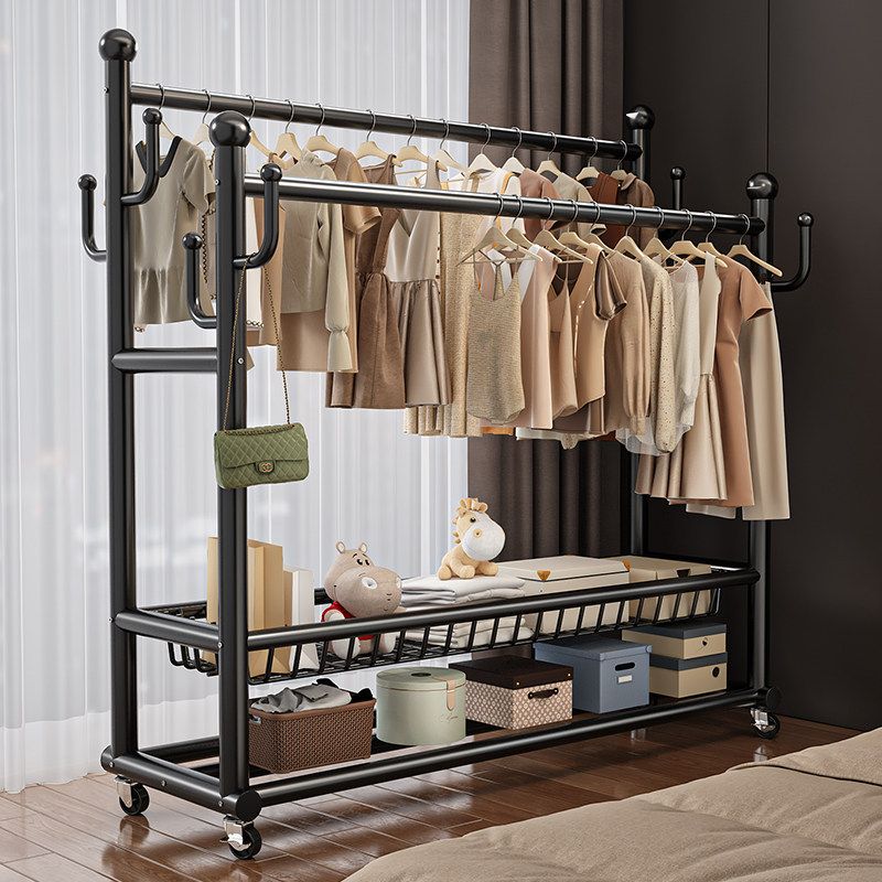 家用简易双衣帽架卧室移动晾衣架房间金属落地式置物收纳挂衣架子