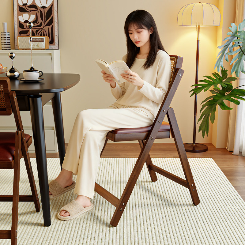 可折叠椅子家用靠背椅复古实木风餐椅办公室电脑椅凳简约便携折椅