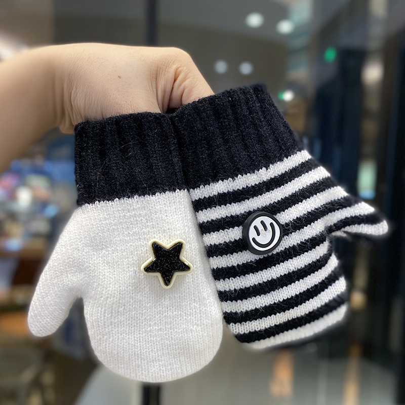儿童手套秋冬季韩系洋气男童女童保暖针织防风挂脖连指可爱宝宝冬