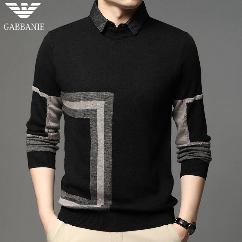 奇 阿玛尼亚冬季男士长袖带衬衫领假两件t恤羊毛针织男打底衫上衣