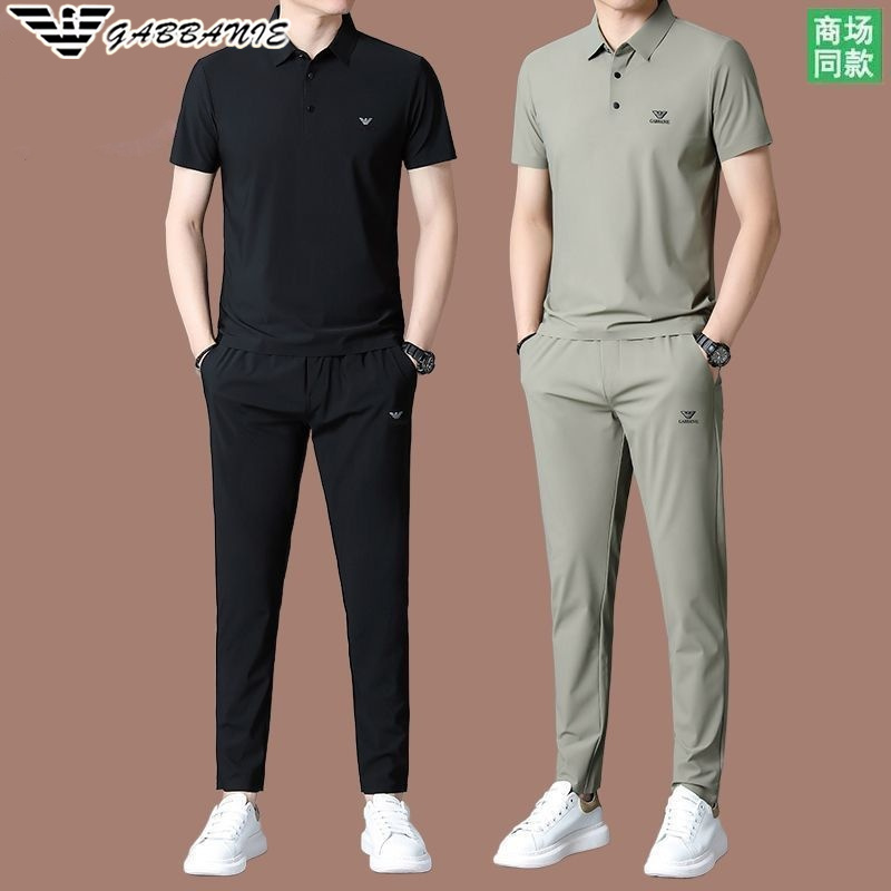 正品名牌高档男士桑蚕丝休闲运动套装夏季短袖无痕时尚两件套潮