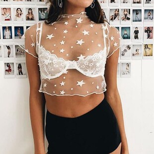 欧洲站欧美外单女透视星星网纱短袖T恤露腰上衣露渡假风crop top