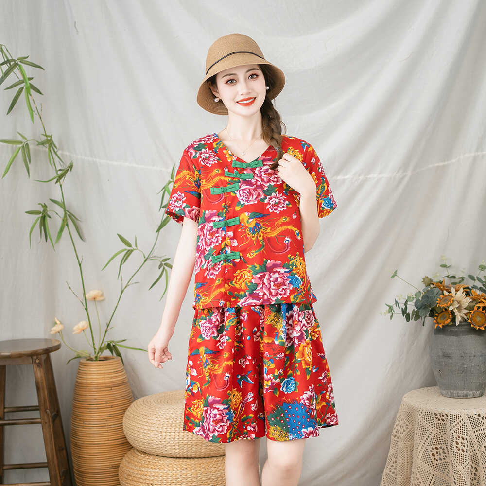 东北大花布衣服女民族风套装短袖T恤短裤两件套薄款夏闺蜜装外穿