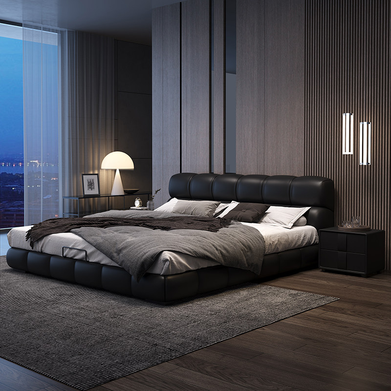 真皮床现代简约主卧大床轻奢婚床高端大气榻榻米泡芙床卧室双人床