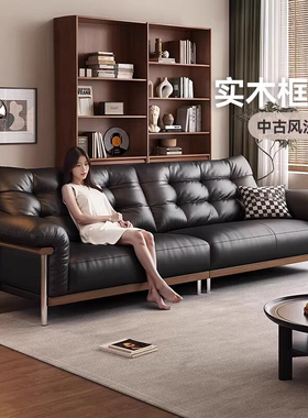 中古风真皮沙发复古头层牛皮2026新款小户型直排黑色客厅实木沙发