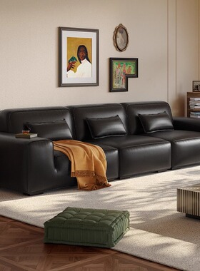 大黑牛真皮沙发现代简约客厅高端意式极简直排小户型夏图黑色沙发