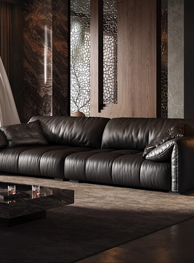 黑色大象耳朵真皮沙发现代简约客厅意式极简轻奢直排小户型复古风