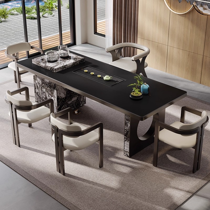 岩板茶桌椅组合一桌五椅