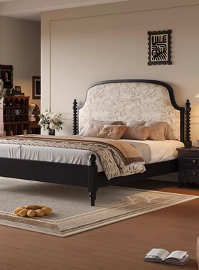 美式全实木床复古风现代简约双人床家用主卧法式床印花绒布软包床