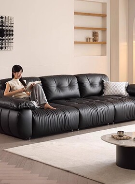 中古风云漫黑色真皮沙发直排超宽坐深客厅意式极简复古可调节靠背