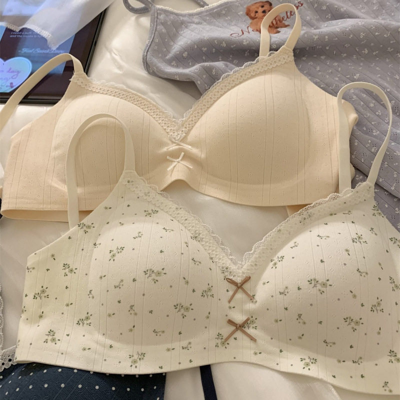 舒芙蕾内衣温柔提花碎花奶油女蕾丝边女生无钢圈内衣小胸聚拢文胸