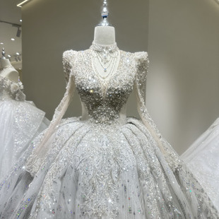 婚纱主婚纱新娘2025新款 V领大拖尾宫廷风 高级质感小个子重工长袖