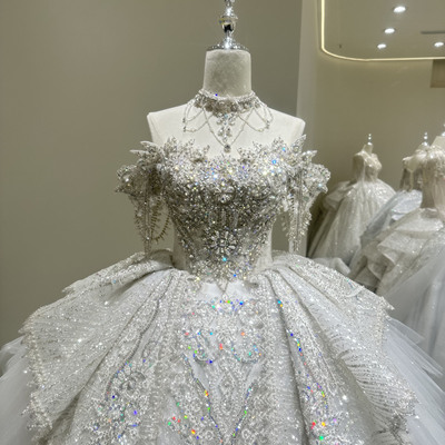 2025新款婚纱一字肩重工主纱拖尾新娘主婚纱高级质感大码小个子