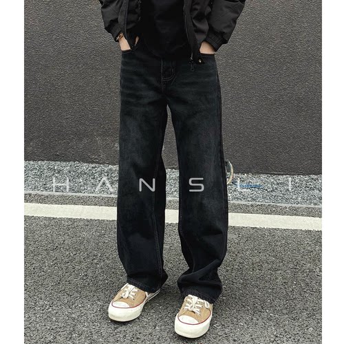 HANSLI 14盎司水洗牛仔裤直筒美式经典猫须黑牛休闲裤