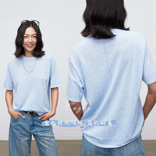 晾干亚麻短袖T恤纯色新款上衣女