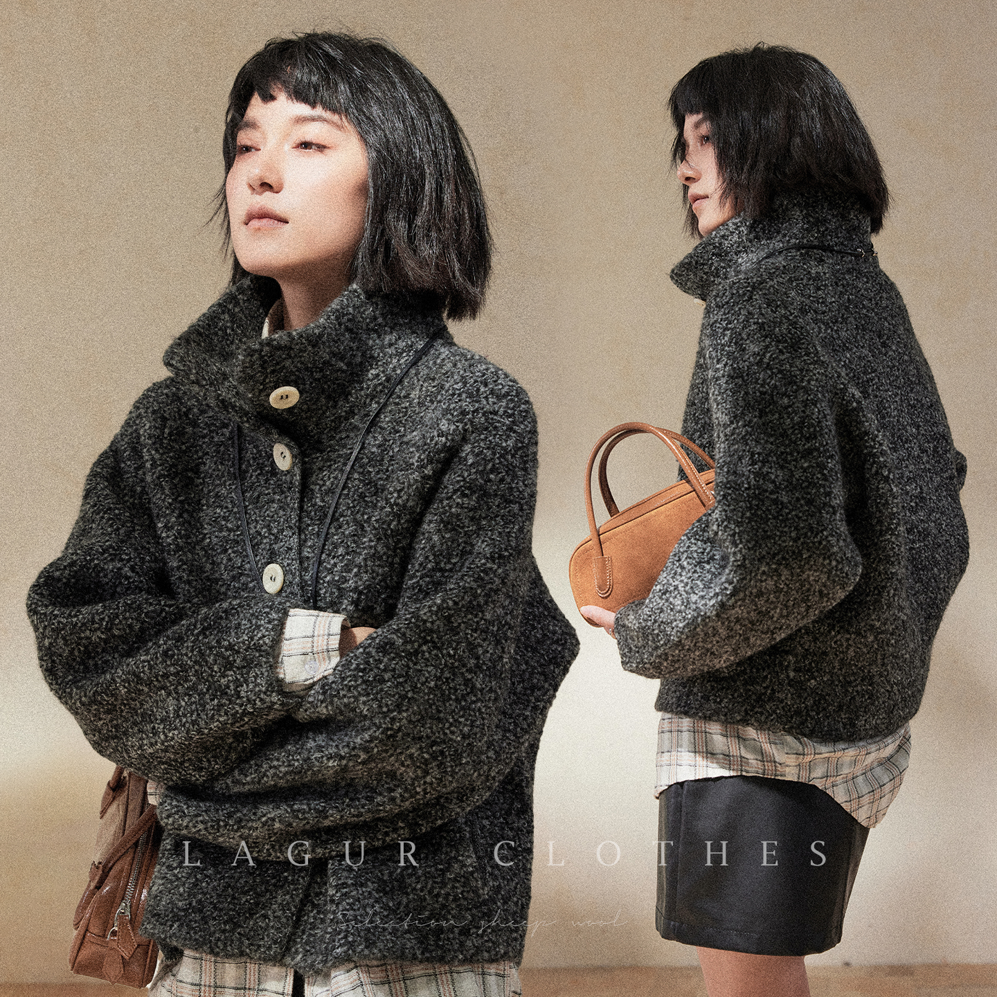 加厚毛巾绣立领毛衣100%羊毛外套