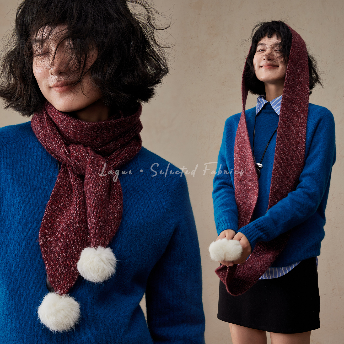 红果色羊绒混纺围巾细窄长条女冬