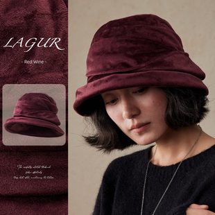 褶皱新款 Red 加厚保暖渔夫帽卷边冬季 丝绒礼帽 女 wine低调奢品