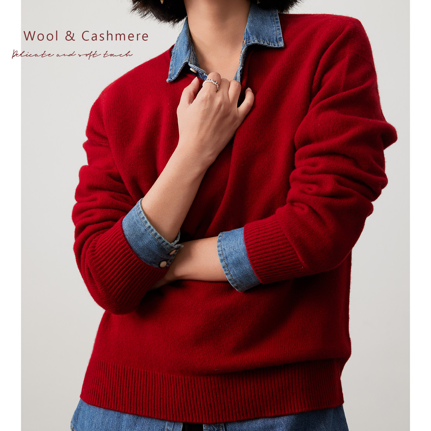 法国正红色！羊绒羊毛针织圆领打底衫内搭女冬季宽松毛衣2025新款,女装/女士精品,毛针织衫,淘宝优惠券,粉丝福利购,淘宝优惠卷